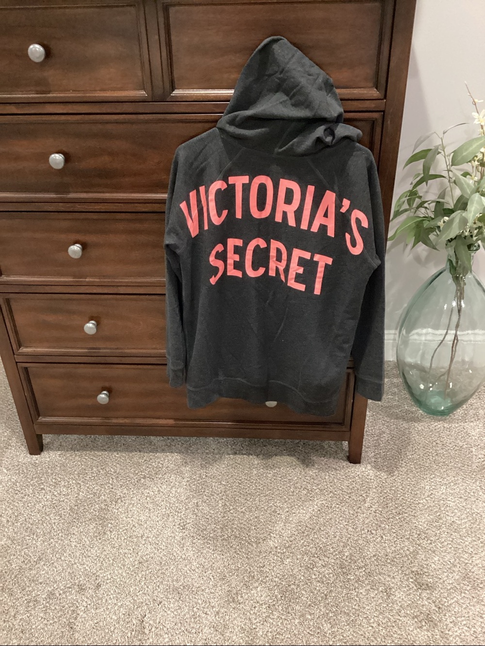 Victoria's Secret charcoal gray Hoodie with Coral Pink Logo
